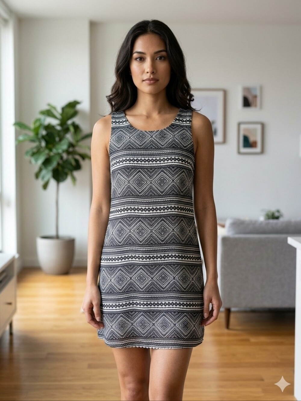 Lila Black & White Geometric Print Mini Dress — Size LargeMake a statement in